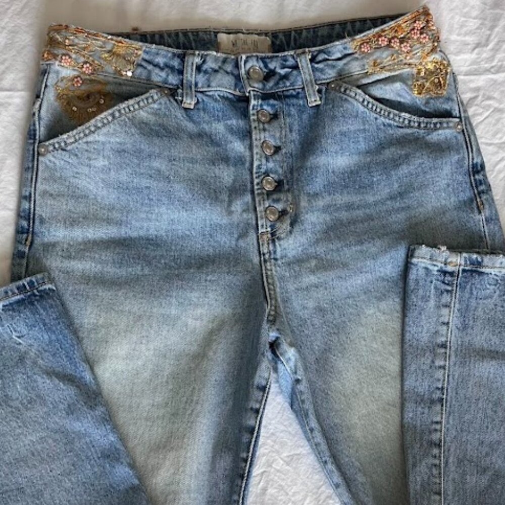 We The Free People Jeans Womens Blue Beaded High Rise Button Fly Straight Leg 29